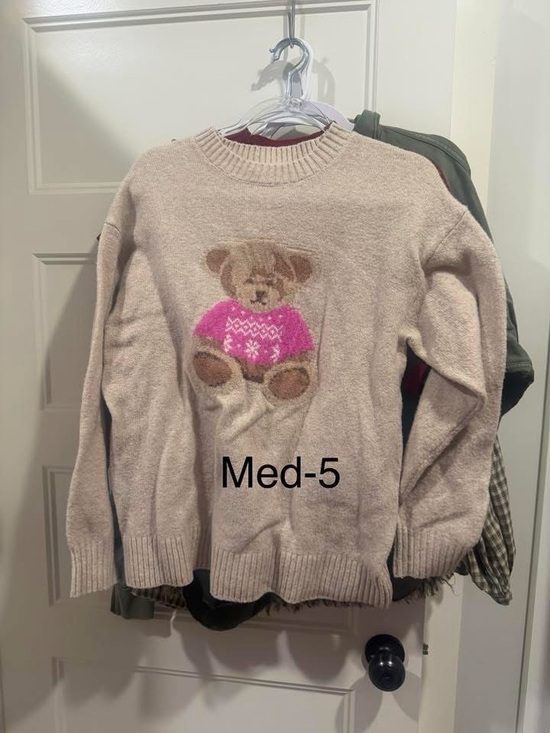Sweaters - Beige Teddy Bear Knit Sweater with Pink Accent